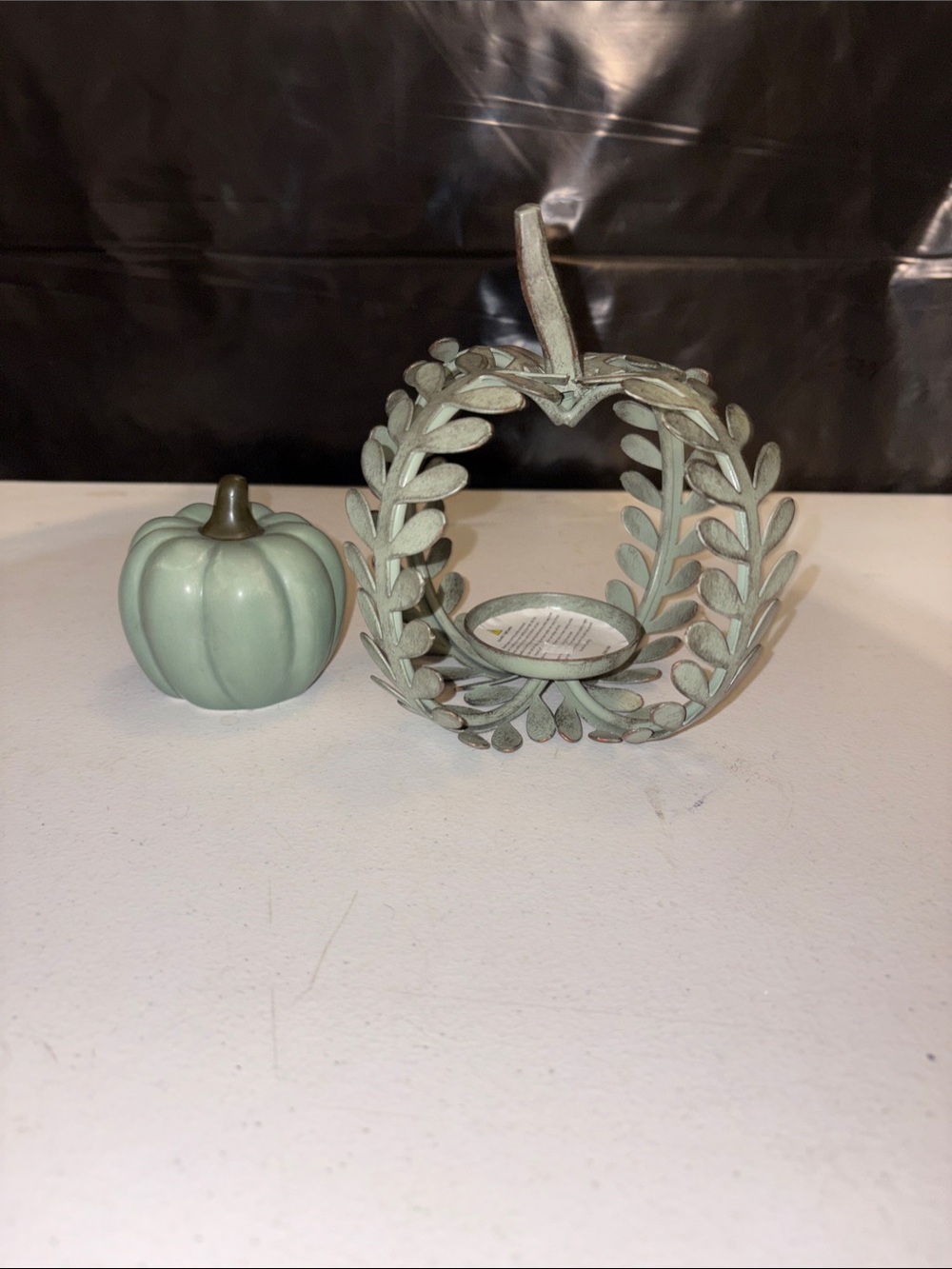 Decorative Sage Green Pumpkin and Leaf Candle Holder Set